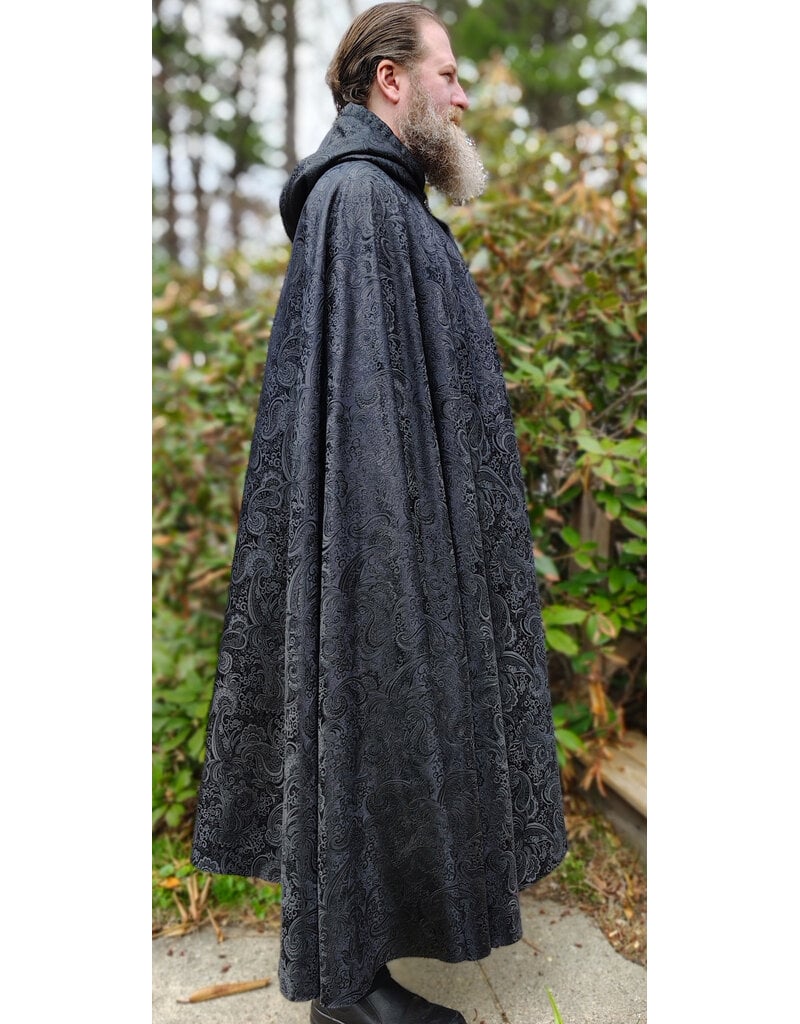 Cloakmakers.com 6014-Washable Black Paisley Cloak w/ Black Velvet Hood Lining & Silver Tone Clasp