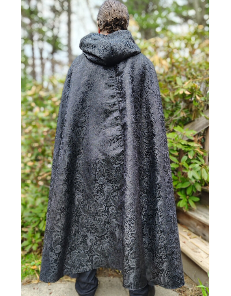 Cloakmakers.com 6014-Washable Black Paisley Cloak w/ Black Velvet Hood Lining & Silver Tone Clasp