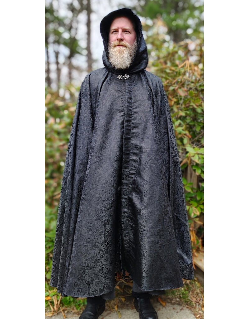 Cloakmakers.com 6014-Washable Black Paisley Cloak w/ Black Velvet Hood Lining & Silver Tone Clasp