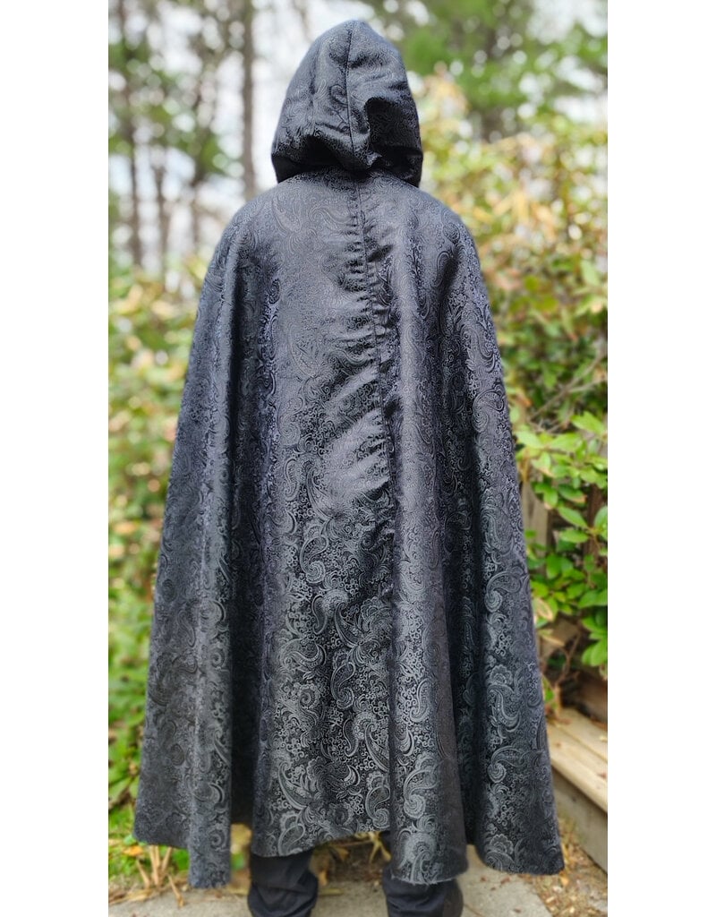 Cloakmakers.com 6014-Washable Black Paisley Cloak w/ Black Velvet Hood Lining & Silver Tone Clasp