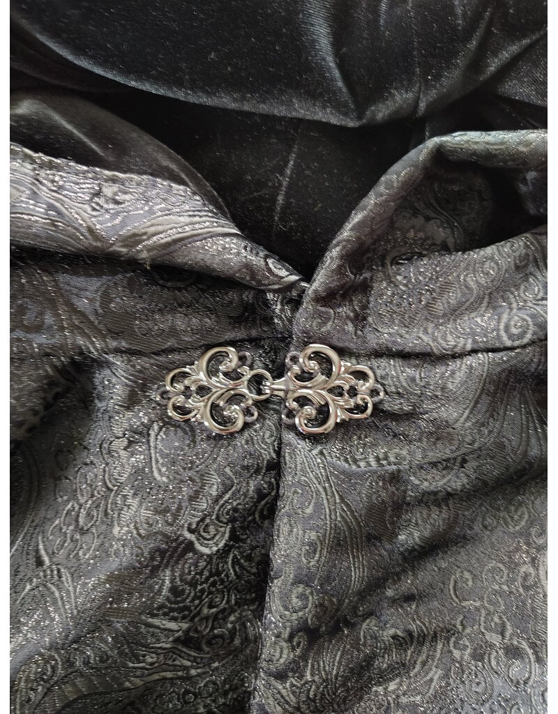 Cloakmakers.com 6014-Washable Black Paisley Cloak w/ Black Velvet Hood Lining & Silver Tone Clasp
