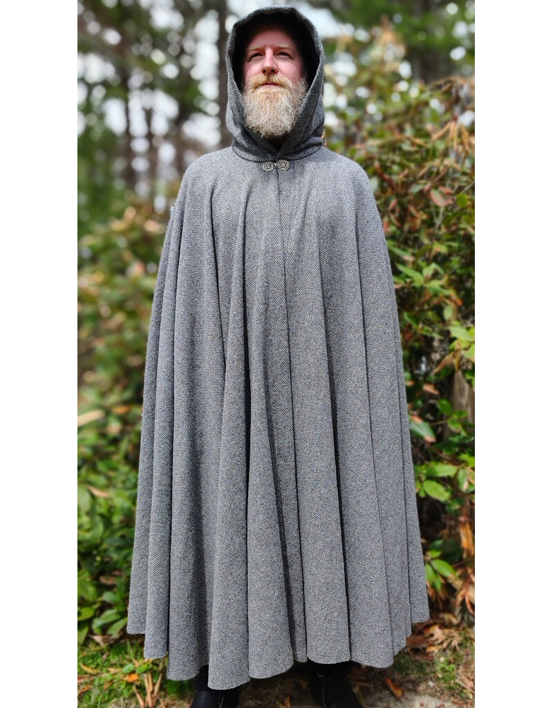 Cloakmakers.com 6015-Washable Black & White Patterned Wool Blend Cloak w/ Black Velvet Hood Lining & Celtic Rosette Clasp