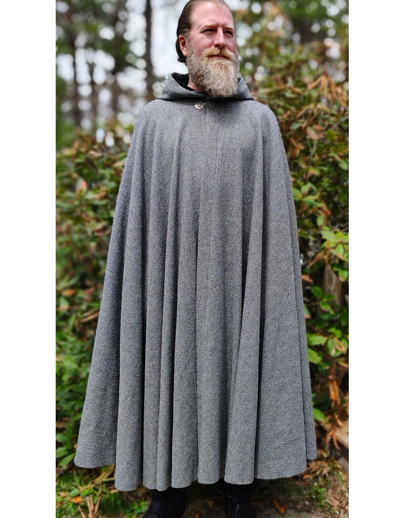 Cloakmakers.com 6015-Washable Black & White Patterned Wool Blend Cloak w/ Black Velvet Hood Lining & Celtic Rosette Clasp