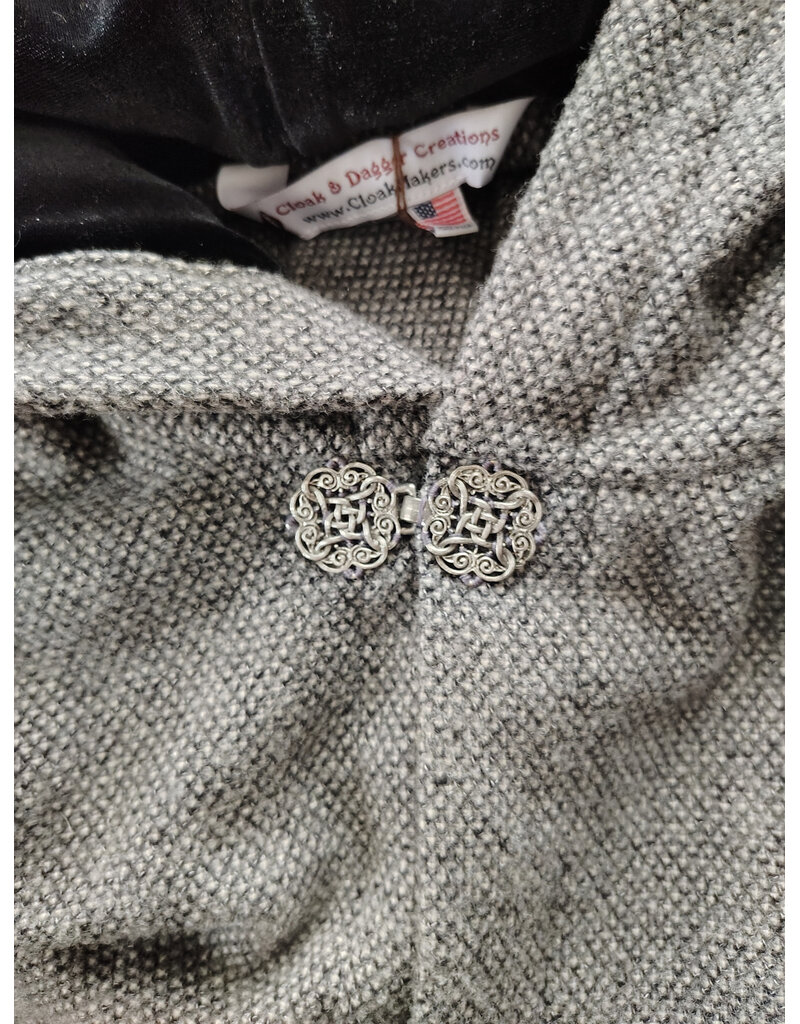 Cloakmakers.com 6015-Washable Black & White Patterned Wool Blend Cloak w/ Black Velvet Hood Lining & Celtic Rosette Clasp