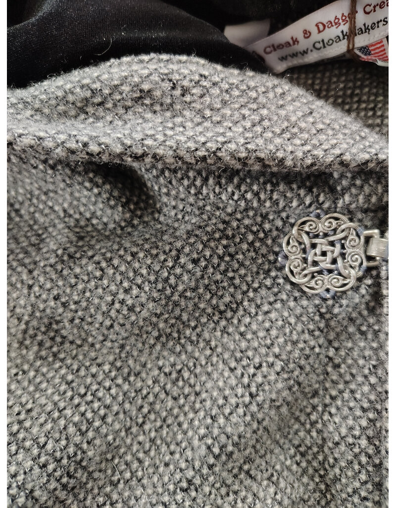 Cloakmakers.com 6015-Washable Black & White Patterned Wool Blend Cloak w/ Black Velvet Hood Lining & Celtic Rosette Clasp