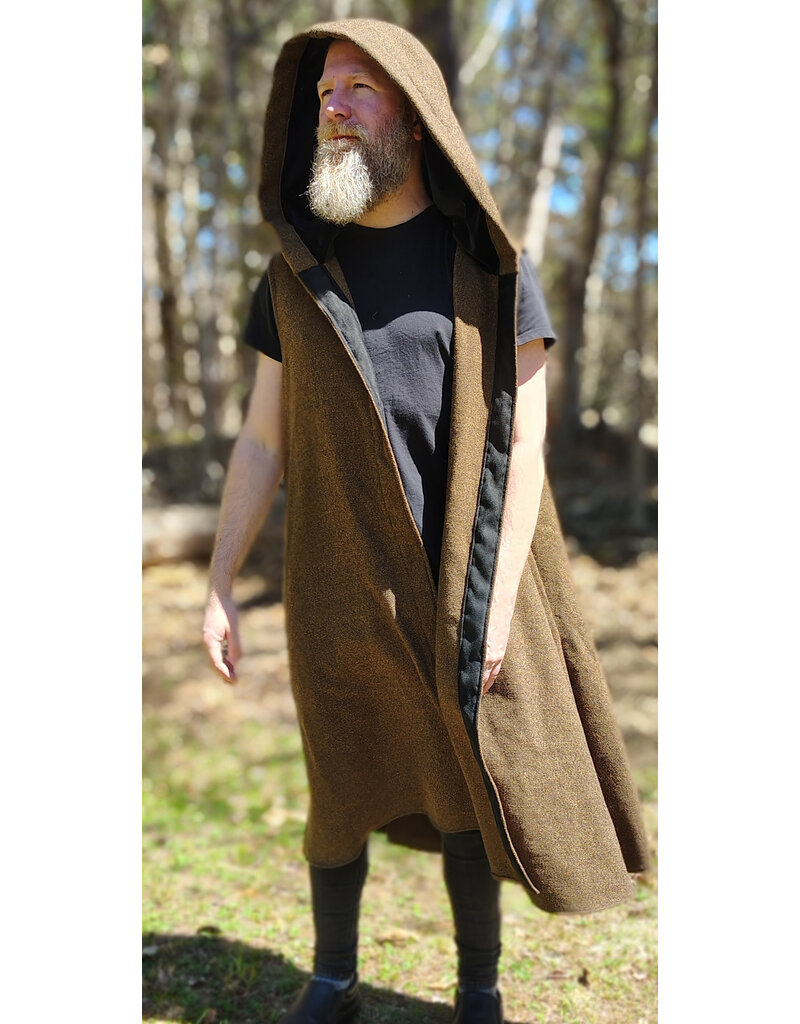 Cloakmakers.com J918-Washable Brown Wool Hooded Vest w/ Black Velvet Hood Lining & Pockets