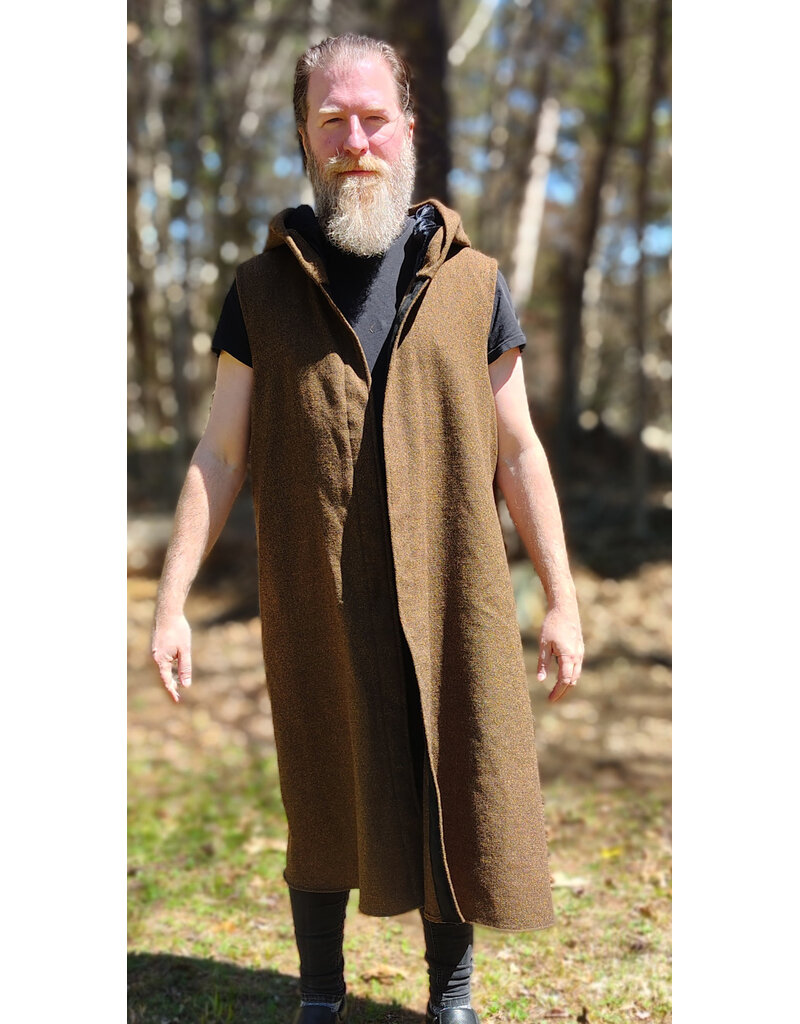 Cloakmakers.com J918-Washable Brown Wool Hooded Vest w/ Black Velvet Hood Lining & Pockets