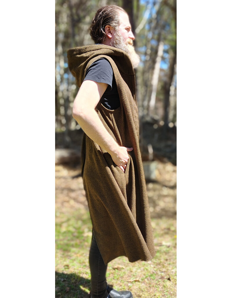 Cloakmakers.com J918-Washable Brown Wool Hooded Vest w/ Black Velvet Hood Lining & Pockets