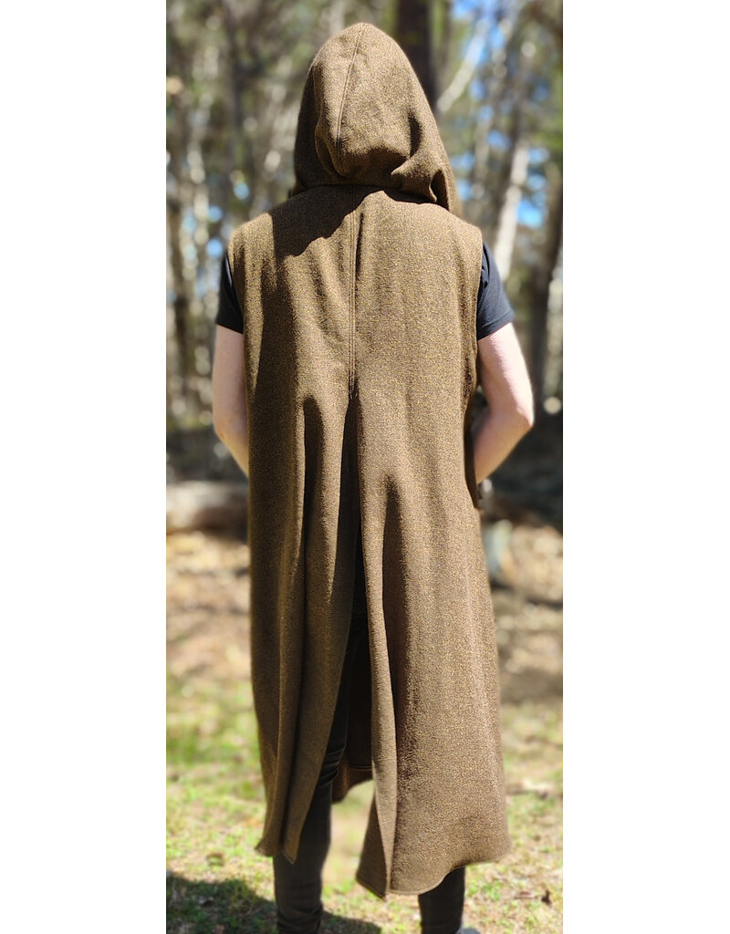 Cloakmakers.com J918-Washable Brown Wool Hooded Vest w/ Black Velvet Hood Lining & Pockets