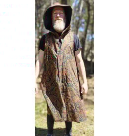 Cloakmakers.com J919-Washable Red, Blue, Green, Gold Paisley Cotton Vest w/ Green Faux Suede Hood Lining & Pockets