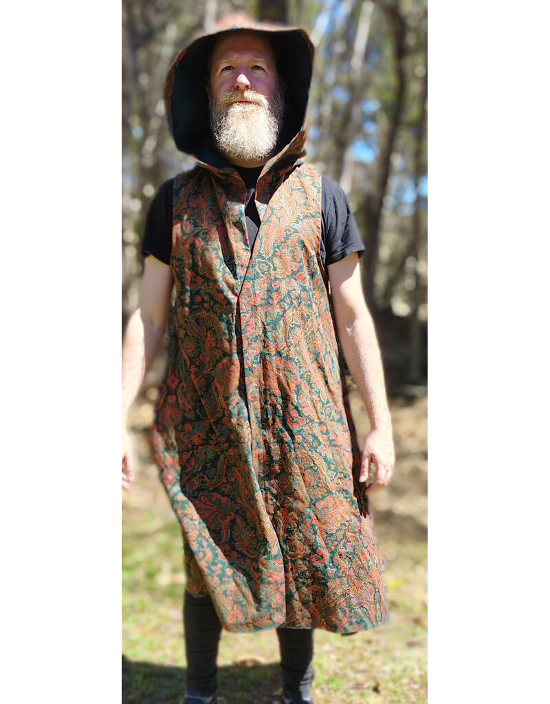 Cloakmakers.com J919-Washable Red, Blue, Green, Gold Paisley Cotton Vest w/ Green Faux Suede Hood Lining & Pockets