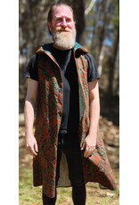 Cloakmakers.com J919-Washable Red, Blue, Green, Gold Paisley Cotton Vest w/ Green Faux Suede Hood Lining & Pockets
