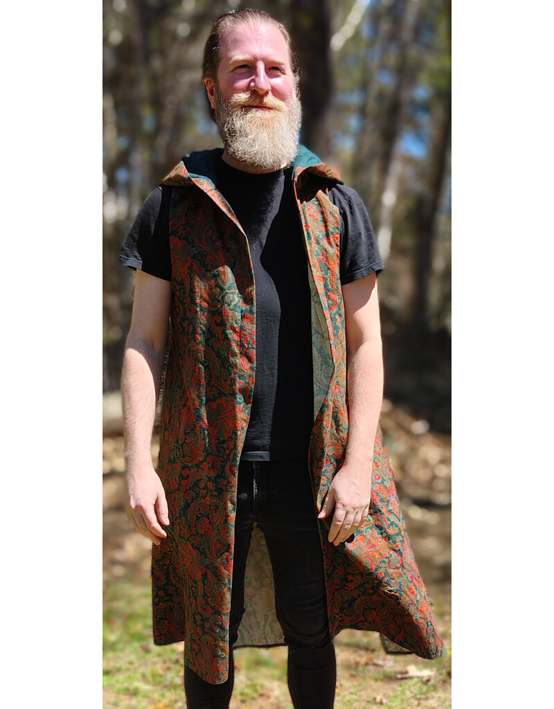 Cloakmakers.com J919-Washable Red, Blue, Green, Gold Paisley Cotton Vest w/ Green Faux Suede Hood Lining & Pockets