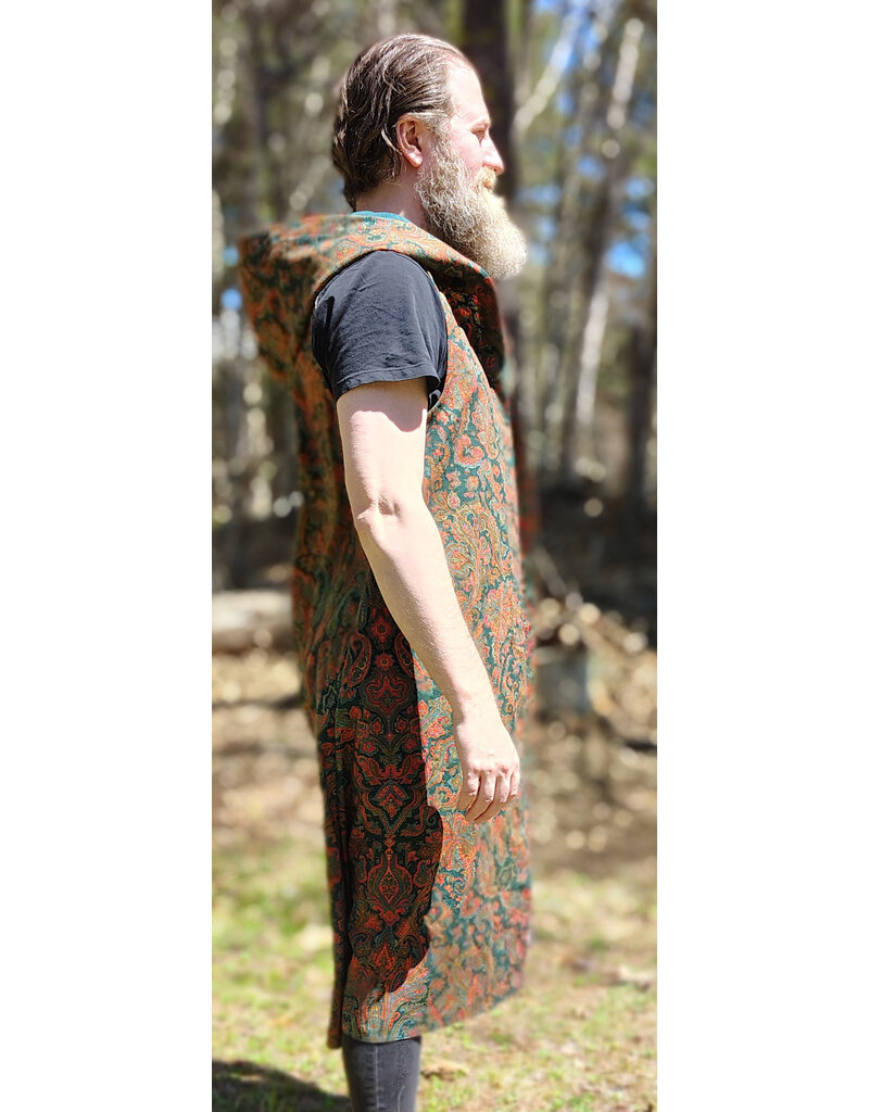 Cloakmakers.com J919-Washable Red, Blue, Green, Gold Paisley Cotton Vest w/ Green Faux Suede Hood Lining & Pockets