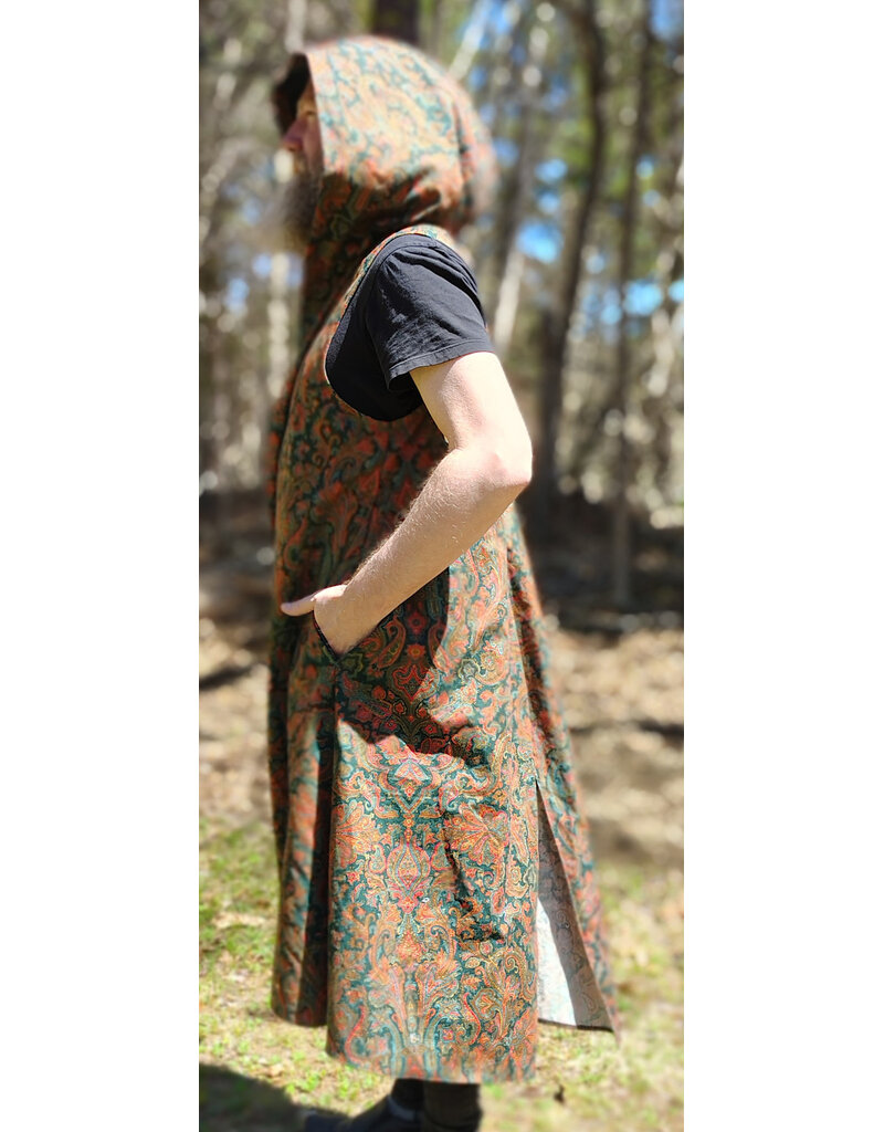 Cloakmakers.com J919-Washable Red, Blue, Green, Gold Paisley Cotton Vest w/ Green Faux Suede Hood Lining & Pockets