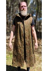 Cloakmakers.com J920-Washable Green, Red, & Brown Paisley Cotton Vest w/ Dark Olive Green Velvet Hood Lining & Pockets