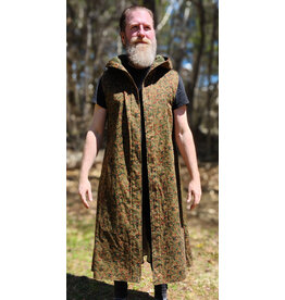 Cloakmakers.com J920-Washable Green, Red, & Brown Paisley Cotton Vest w/ Dark Olive Green Velvet Hood Lining & Pockets