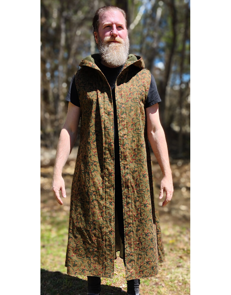 Cloakmakers.com J920-Washable Green, Red, & Brown Paisley Cotton Vest w/ Dark Olive Green Velvet Hood Lining & Pockets