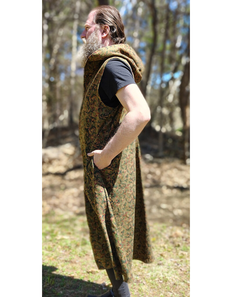 Cloakmakers.com J920-Washable Green, Red, & Brown Paisley Cotton Vest w/ Dark Olive Green Velvet Hood Lining & Pockets