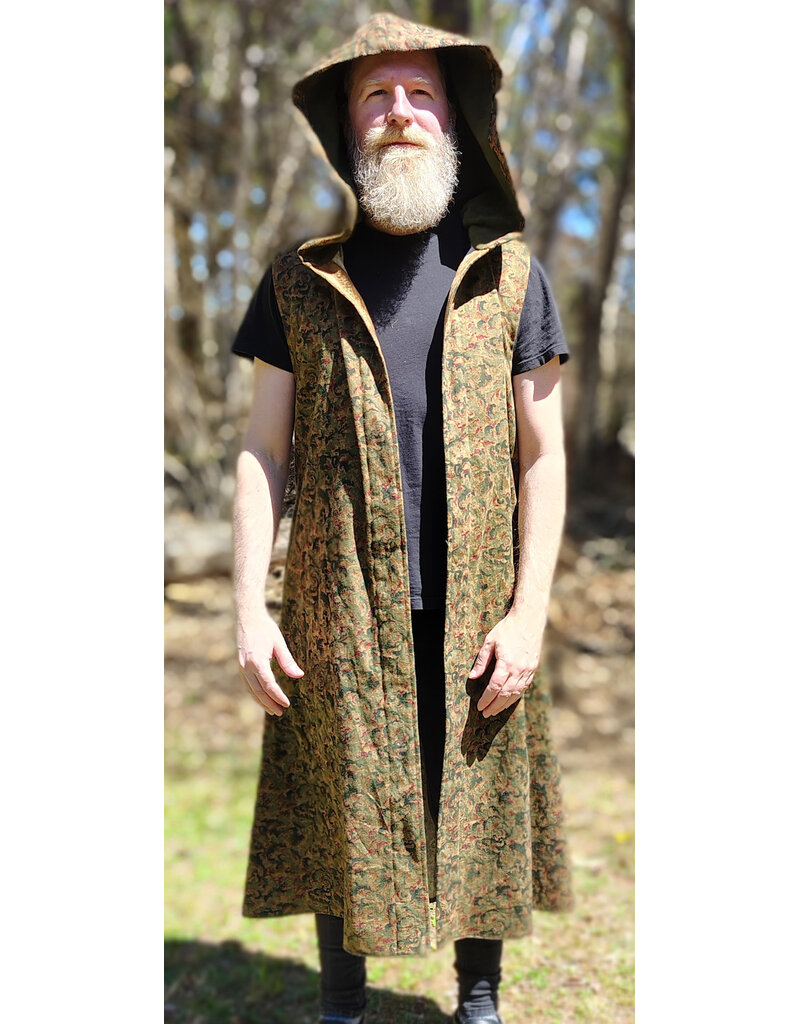 Cloakmakers.com J920-Washable Green, Red, & Brown Paisley Cotton Vest w/ Dark Olive Green Velvet Hood Lining & Pockets