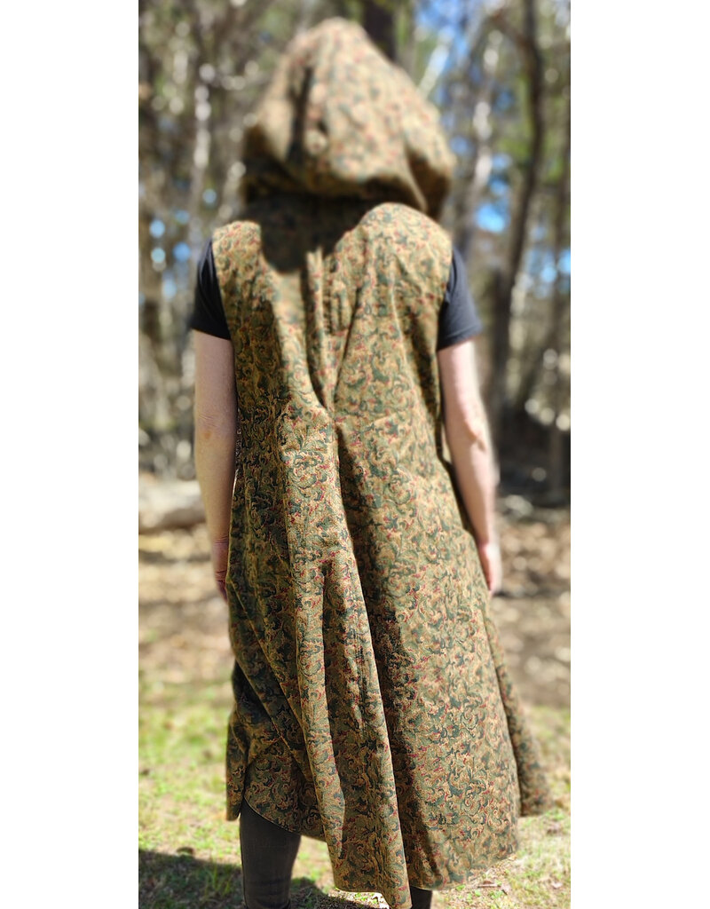 Cloakmakers.com J920-Washable Green, Red, & Brown Paisley Cotton Vest w/ Dark Olive Green Velvet Hood Lining & Pockets