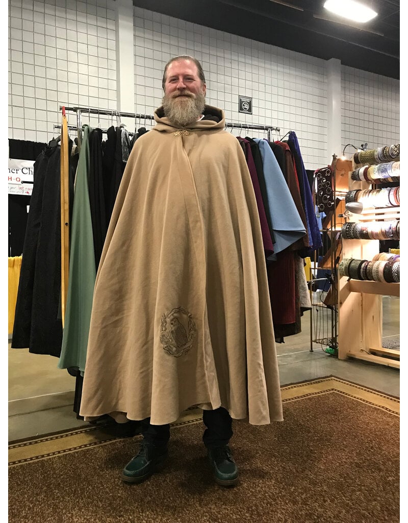 6016-Washable Tan Wool Cloak w/ Owl Embroidery