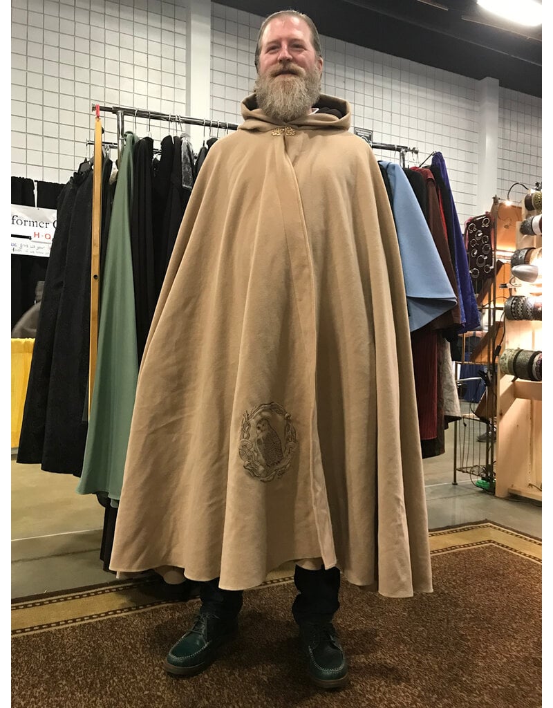 6016-Washable Tan Wool Cloak w/ Owl Embroidery