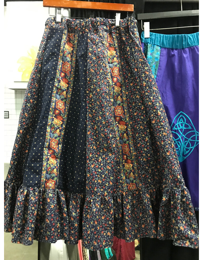 Cloakmakers.com K530-Blue  Floral Stripe Cotton Skirt w/pockets & Ruffle