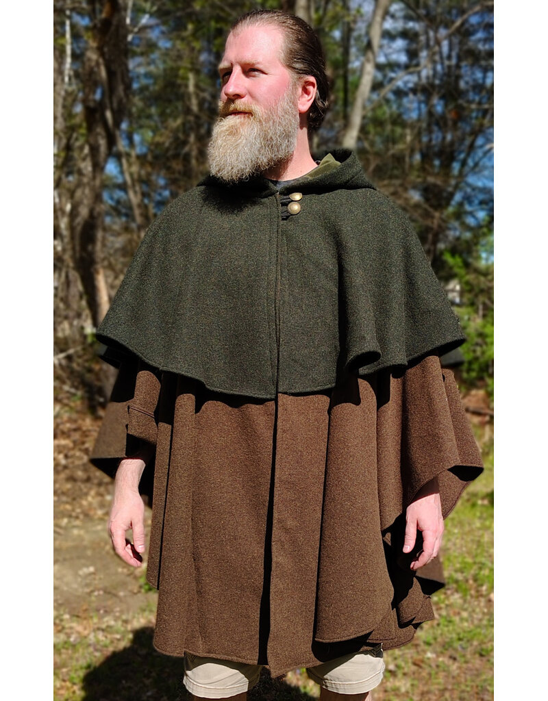Cloakmakers.com 6017-Washable Green & Brown Ranger Mantle Cloak w/ Green Velveteen Hood Lining & Interior Pockets