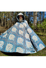 Cloakmakers.com 6018-Washable Sky Blue Brocade Cloak w/ Dark Ocean Blue Velvet Hood Lining & Silver Tone Clasp