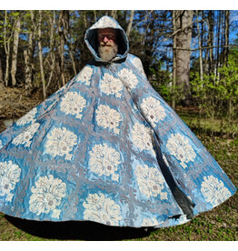 Cloakmakers.com 6018-Washable Sky Blue Brocade Cloak w/ Dark Ocean Blue Velvet Hood Lining & Silver Tone Clasp