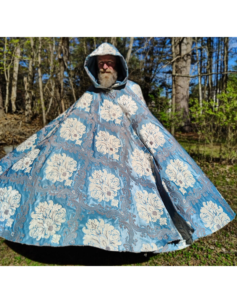 Cloakmakers.com 6018-Washable Sky Blue Brocade Cloak w/ Dark Ocean Blue Velvet Hood Lining & Silver Tone Clasp