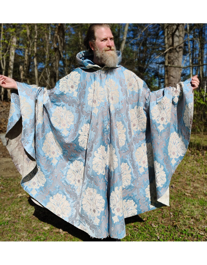 Cloakmakers.com 6018-Washable Sky Blue Brocade Cloak w/ Dark Ocean Blue Velvet Hood Lining & Silver Tone Clasp
