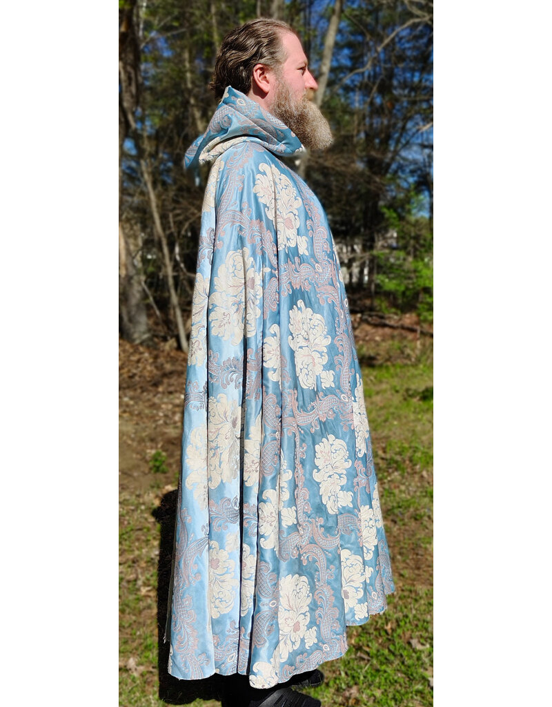 Cloakmakers.com 6018-Washable Sky Blue Brocade Cloak w/ Dark Ocean Blue Velvet Hood Lining & Silver Tone Clasp