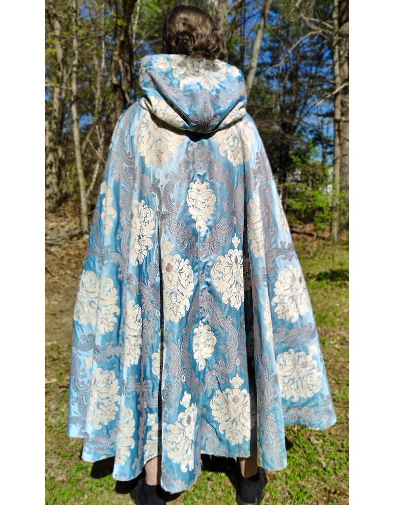 Cloakmakers.com 6018-Washable Sky Blue Brocade Cloak w/ Dark Ocean Blue Velvet Hood Lining & Silver Tone Clasp