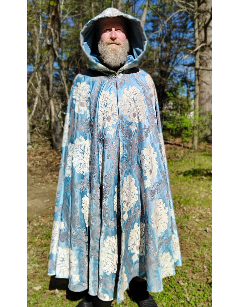 Cloakmakers.com 6018-Washable Sky Blue Brocade Cloak w/ Dark Ocean Blue Velvet Hood Lining & Silver Tone Clasp