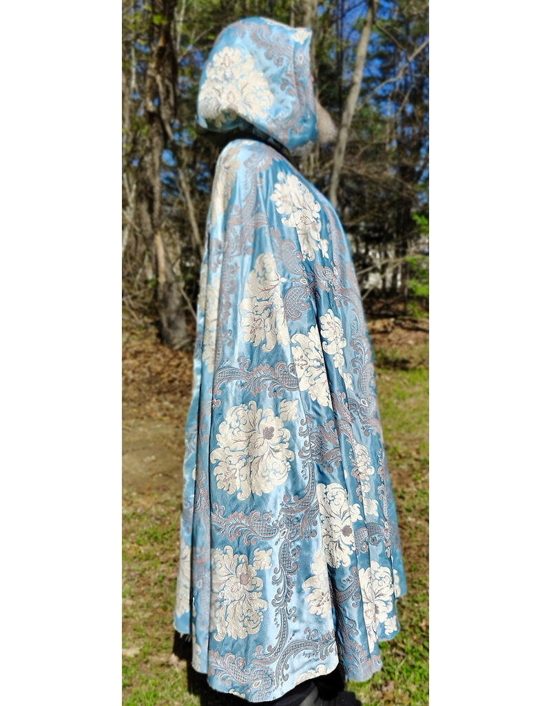 Cloakmakers.com 6018-Washable Sky Blue Brocade Cloak w/ Dark Ocean Blue Velvet Hood Lining & Silver Tone Clasp