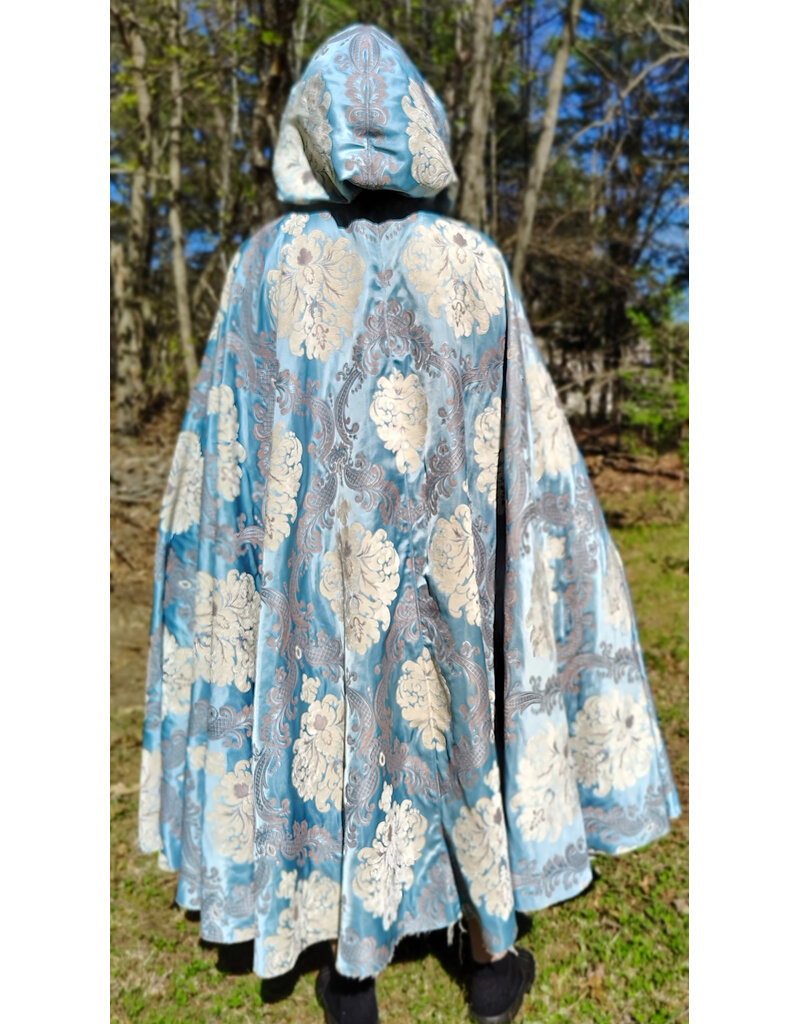 Cloakmakers.com 6018-Washable Sky Blue Brocade Cloak w/ Dark Ocean Blue Velvet Hood Lining & Silver Tone Clasp