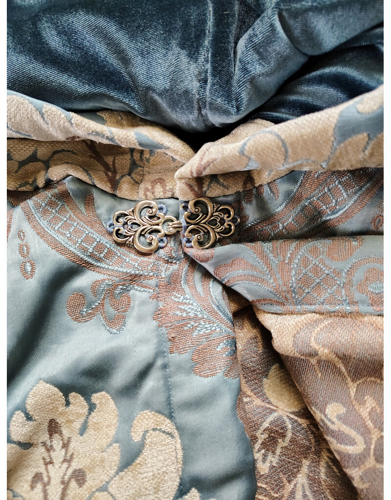 Cloakmakers.com 6018-Washable Sky Blue Brocade Cloak w/ Dark Ocean Blue Velvet Hood Lining & Silver Tone Clasp