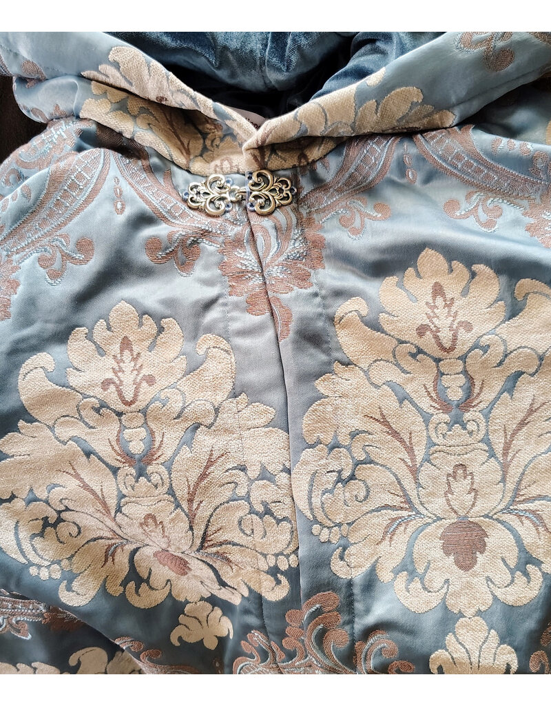 Cloakmakers.com 6018-Washable Sky Blue Brocade Cloak w/ Dark Ocean Blue Velvet Hood Lining & Silver Tone Clasp