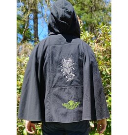 Cloakmakers.com 5723-Washable Black Cotton Cloak w/ Green & Gold Striped Pockets & Antiqued Gold Clasp