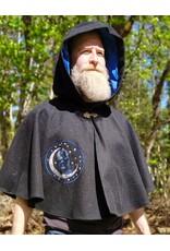Cloakmakers.com 5834-Washable Black Wool Cloak w/ Cat & Stars Embroidery On Crescent Moon plus Pockets