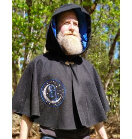 Cloakmakers.com 5834-Washable Black Wool Cloak w/ Cat & Stars Embroidery On Crescent Moon plus Pockets