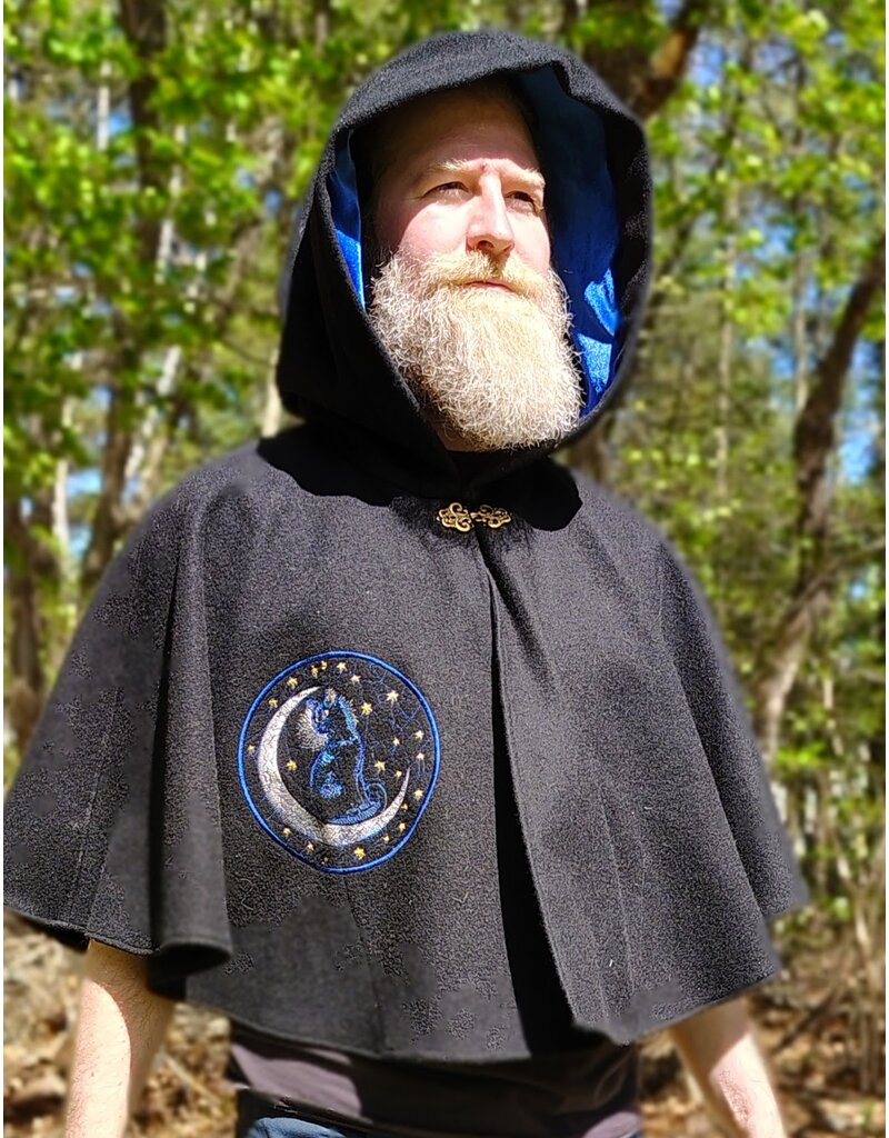 Cloakmakers.com 5834-Washable Black Wool Cloak w/ Cat & Stars Embroidery On Crescent Moon plus Pockets