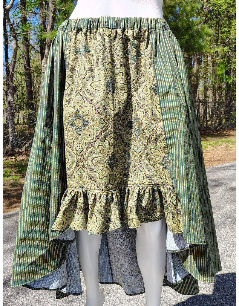 Cloakmakers.com K531-Green & Gold Pinstripe Plus Green Paisley Hi-Lo Cotton Skirt w/ Elastic Waist