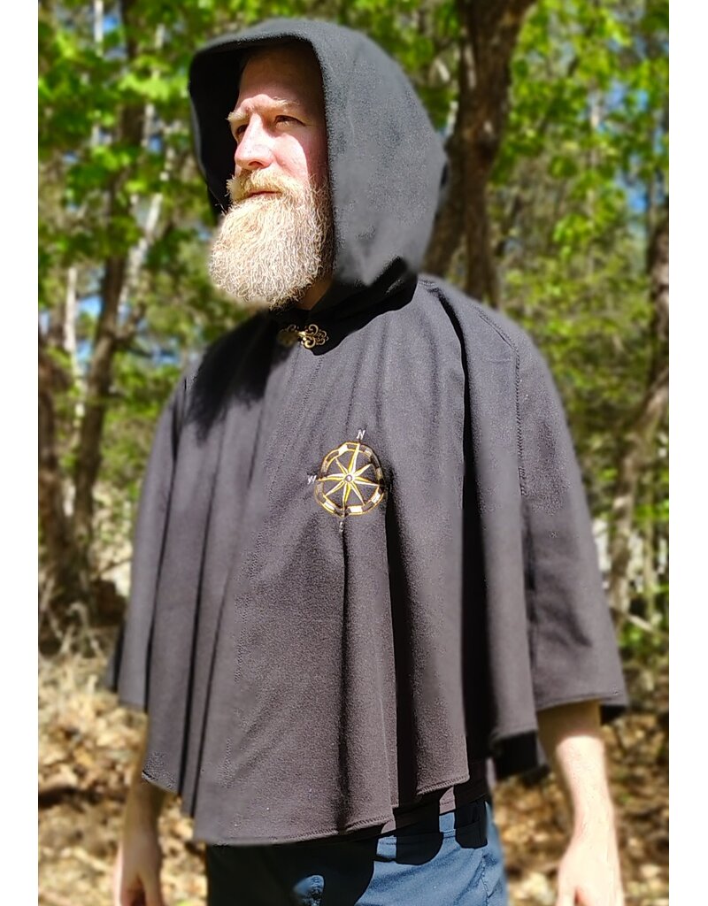 Cloakmakers.com 6019-Washable Almost Black Fleece Cloak w/ Compass Embroidery