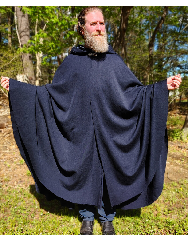 Cloakmakers.com 6020-Washable Navy Blue Wool Blend Cloak w/ Black Velvet Hood Lining & Silver Tone Clasp
