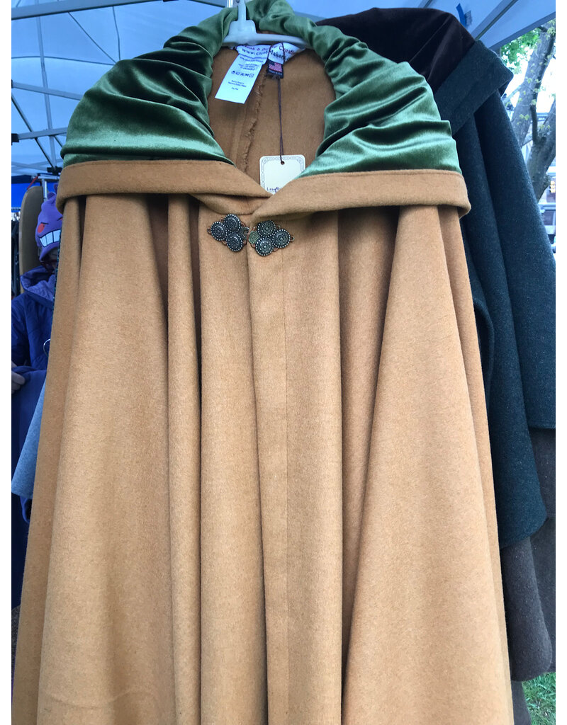Cloakmakers.com 6028-Amber Gold  Wool Blend Cloak w/ Green Velvet Hood Lining