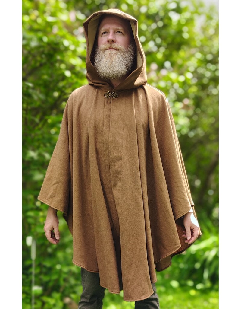 Cloakmakers.com 6037-Washable Light Brown Wool Blend Ruana Cloak w/ Gold Velvet Hood Lining