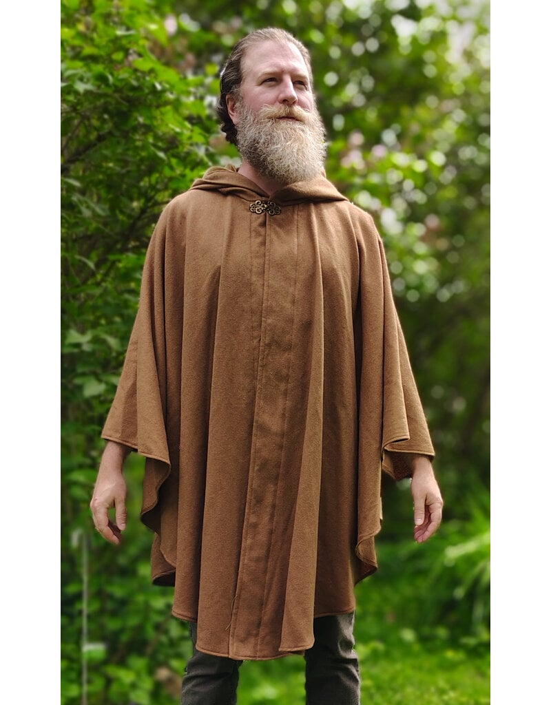 Cloakmakers.com 6037-Washable Light Brown Wool Blend Ruana Cloak w/ Gold Velvet Hood Lining